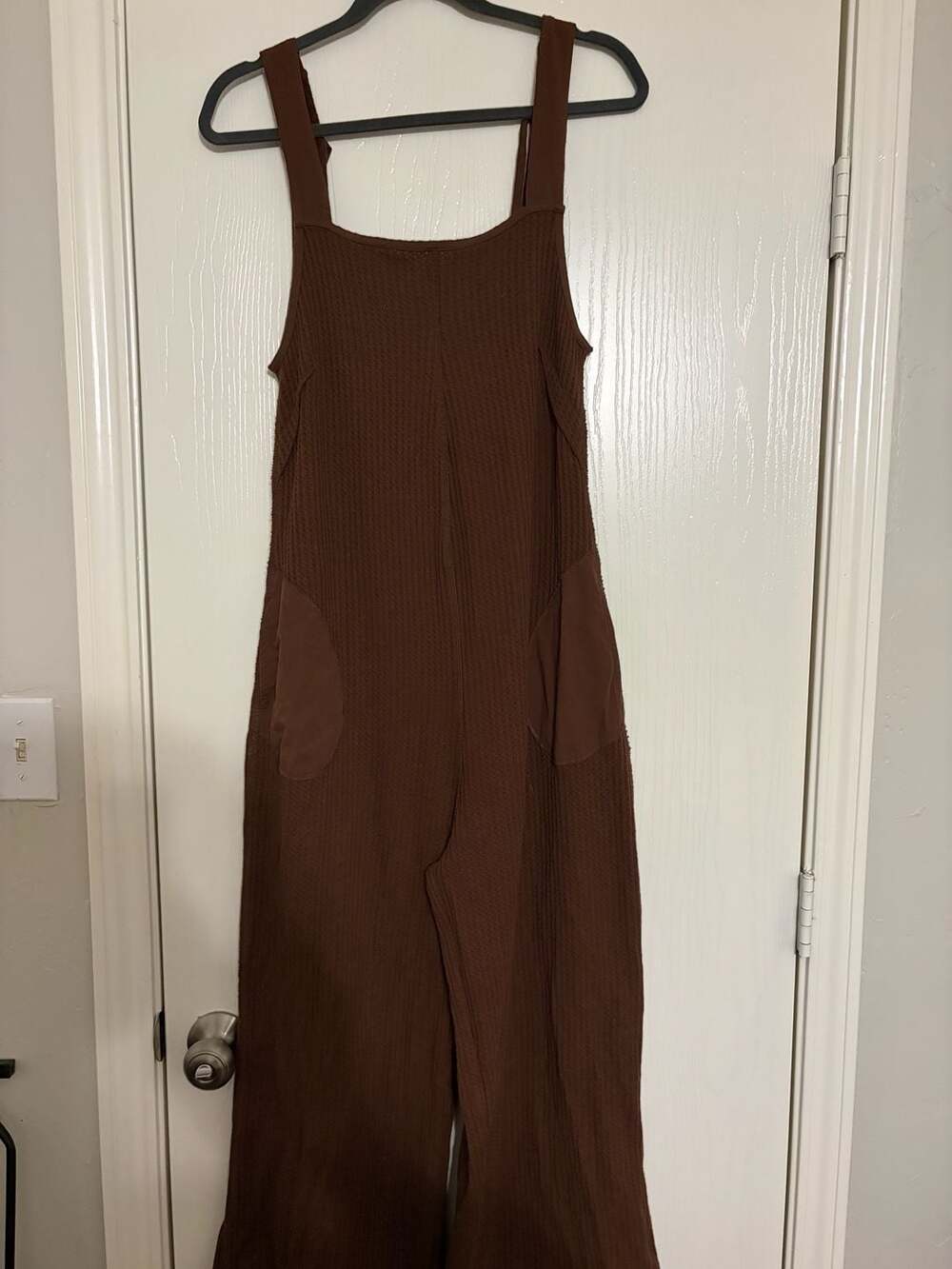 Zenana Waffle Knit Overalls Size L Brown Wide Leg Jumpsuit Pocket